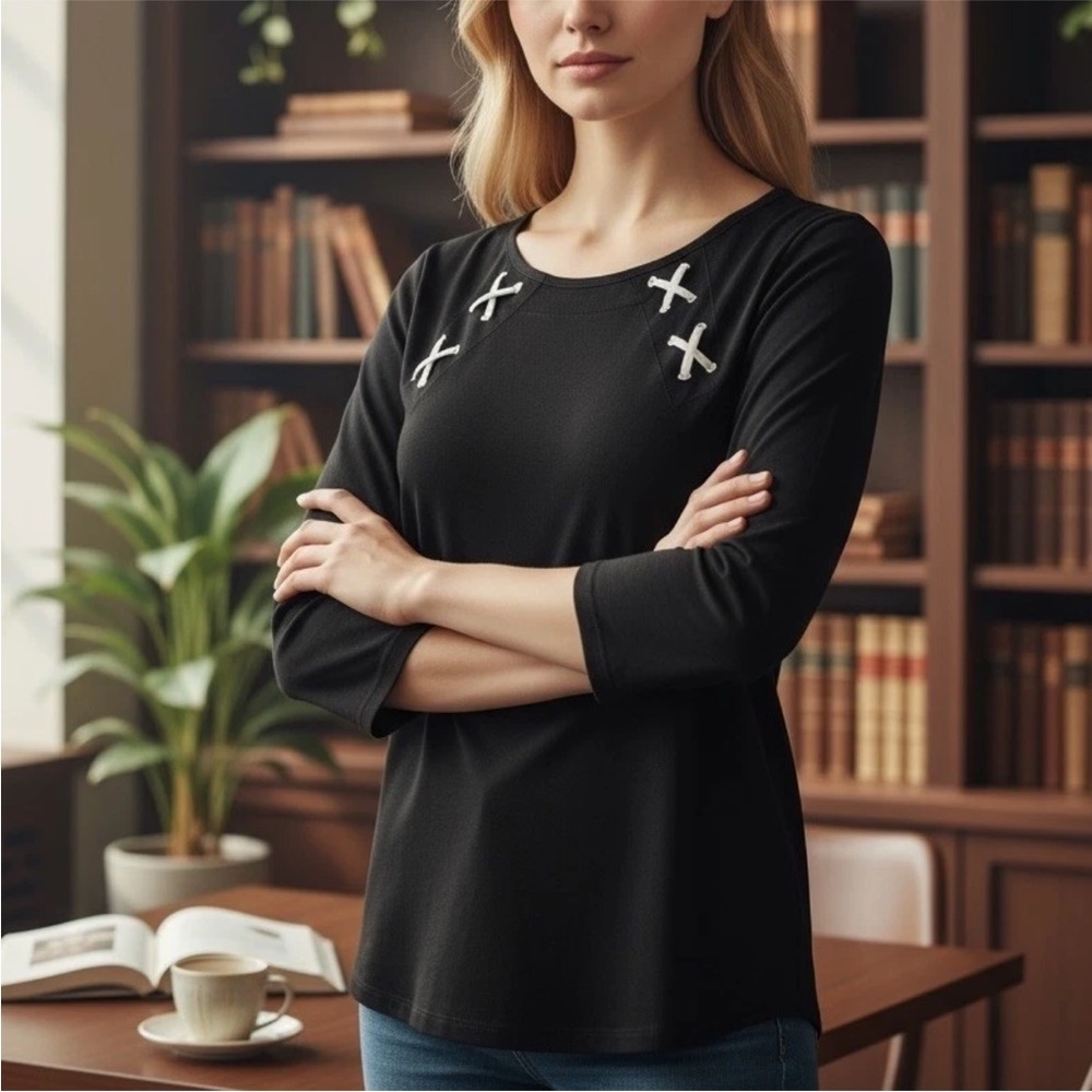 E.L.I Pima Cotton Crisscross Black White 3/4 Sleeve Womens Top Large